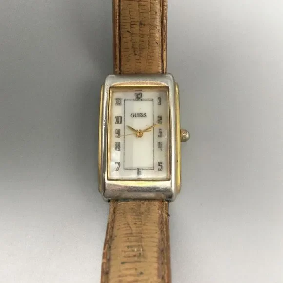 Vintage Guess Watch Women 20mm Gold Tone Tank 1993 Leather Band New Battery - Picture 6 of 13